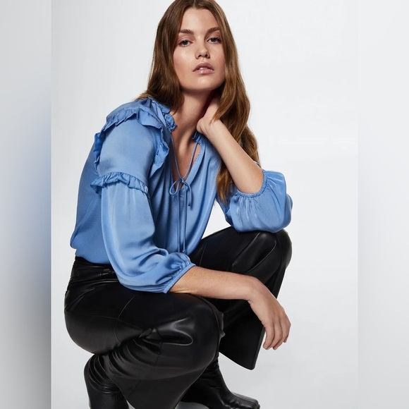 Mango Tops - MANGO Blue Solid Tie-Up Neck Ruffles Detail Satin Blouson Top Women’s Size 10